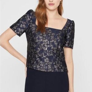 Club Monaco Brocade Puff Sleeve Blue/Gold Square Neck Blouse - 0
